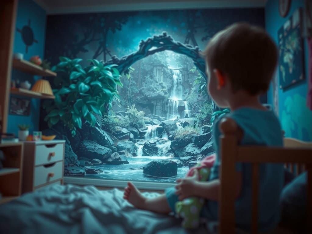 Surreal Jungle Waterfall Portal in Child's Bedroom