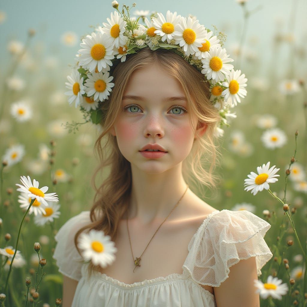 Daisy Woman in Dreamy Floral Meadow