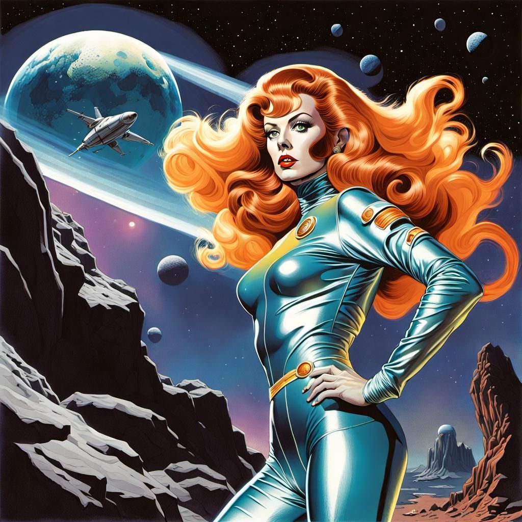 Astronaut Exploring Alien Planet in Retrofuturistic Style