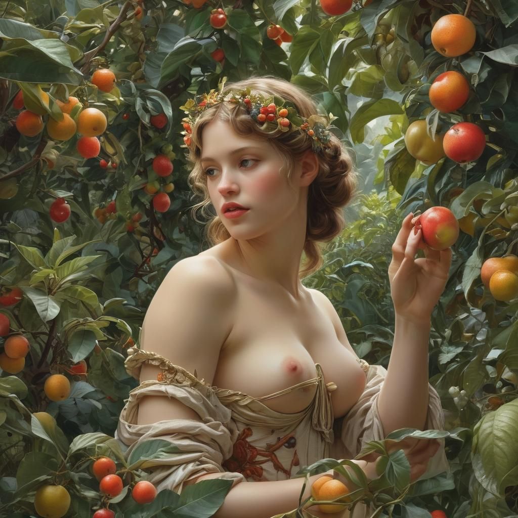 Eve in the Garden of Eden: Gouache Masterpiece