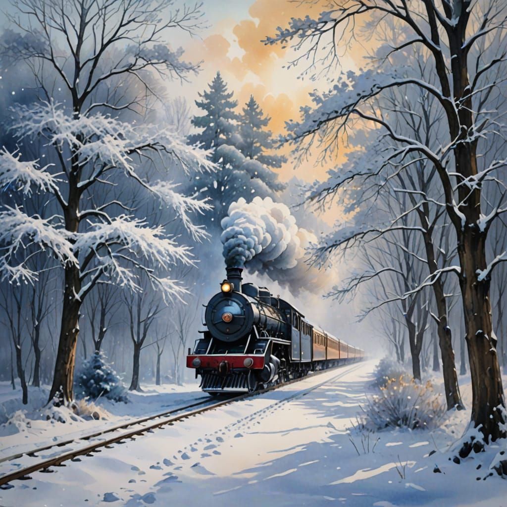 Impressionist Winter Scene: Classic Steam Train in Snowy Won...
