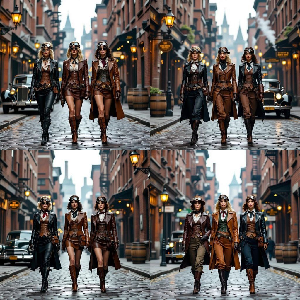 Steampunk Women Stroll Through Vintage Industrial Street