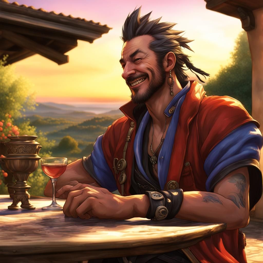 Auron Laughing in Tuscany: Hyperrealistic Summer Scene
