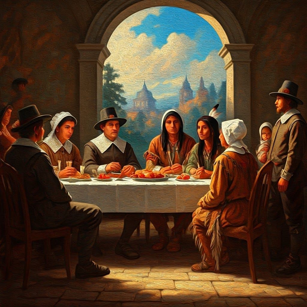 Thanksgiving Feast: Pilgrims and Wampanoag in Vivid Impasto