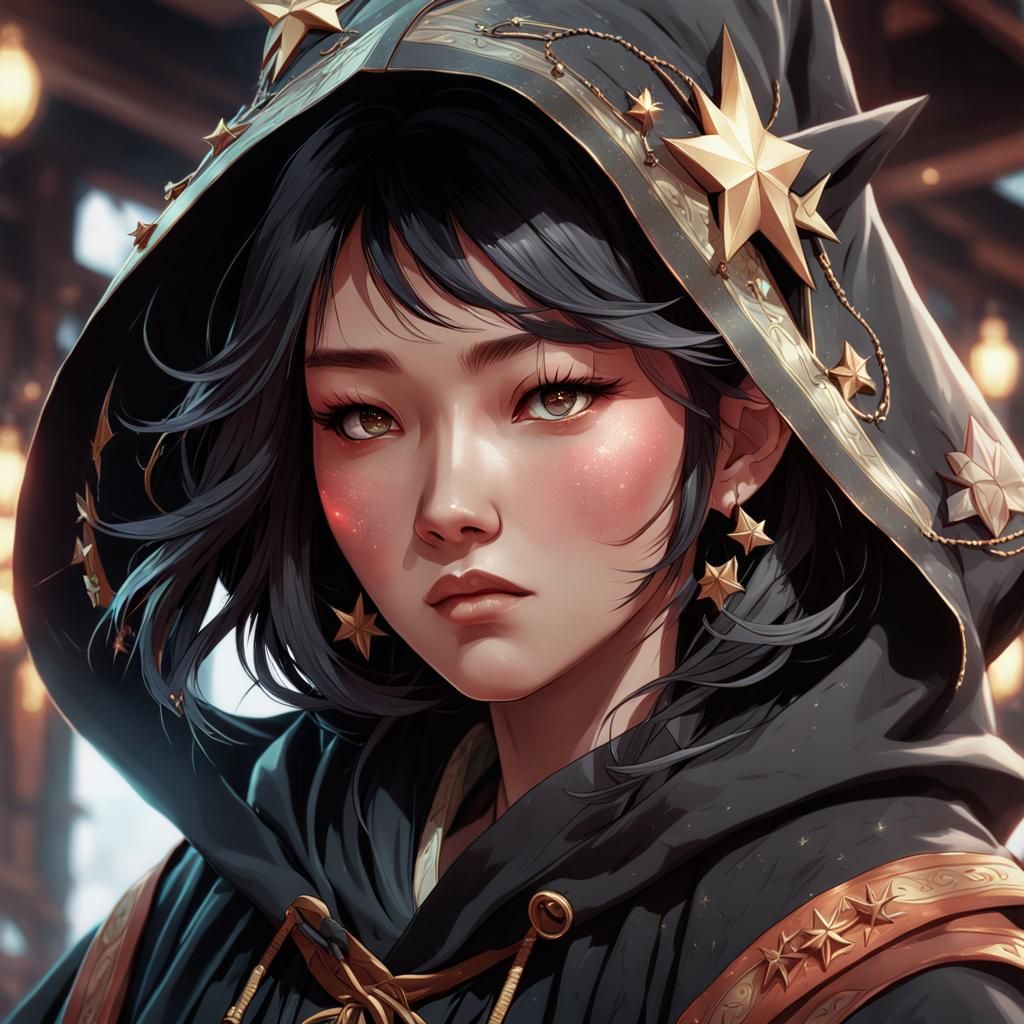 Japanese Girl in Star Cloak, Digital Portrait