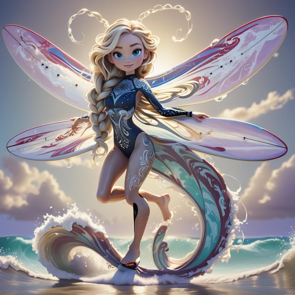 Whimsical Surfer Girl on Ocean Wave