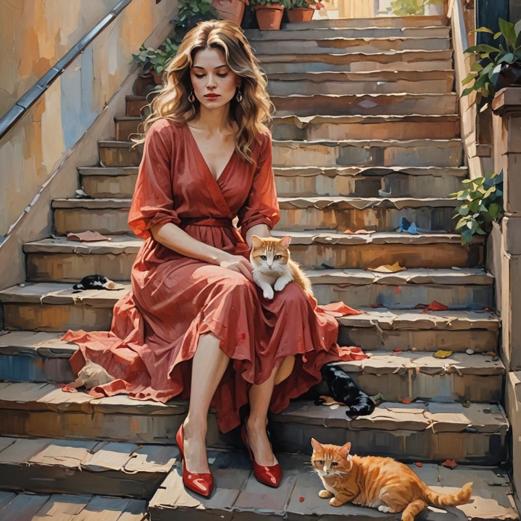 Woman in Red Dress: Neo-Impressionist Oil Painting