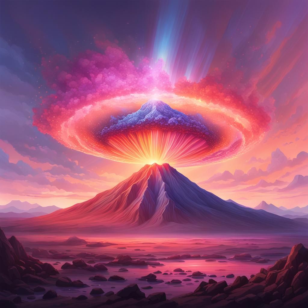 Ethereal Prismatic Volcano in Anime Style