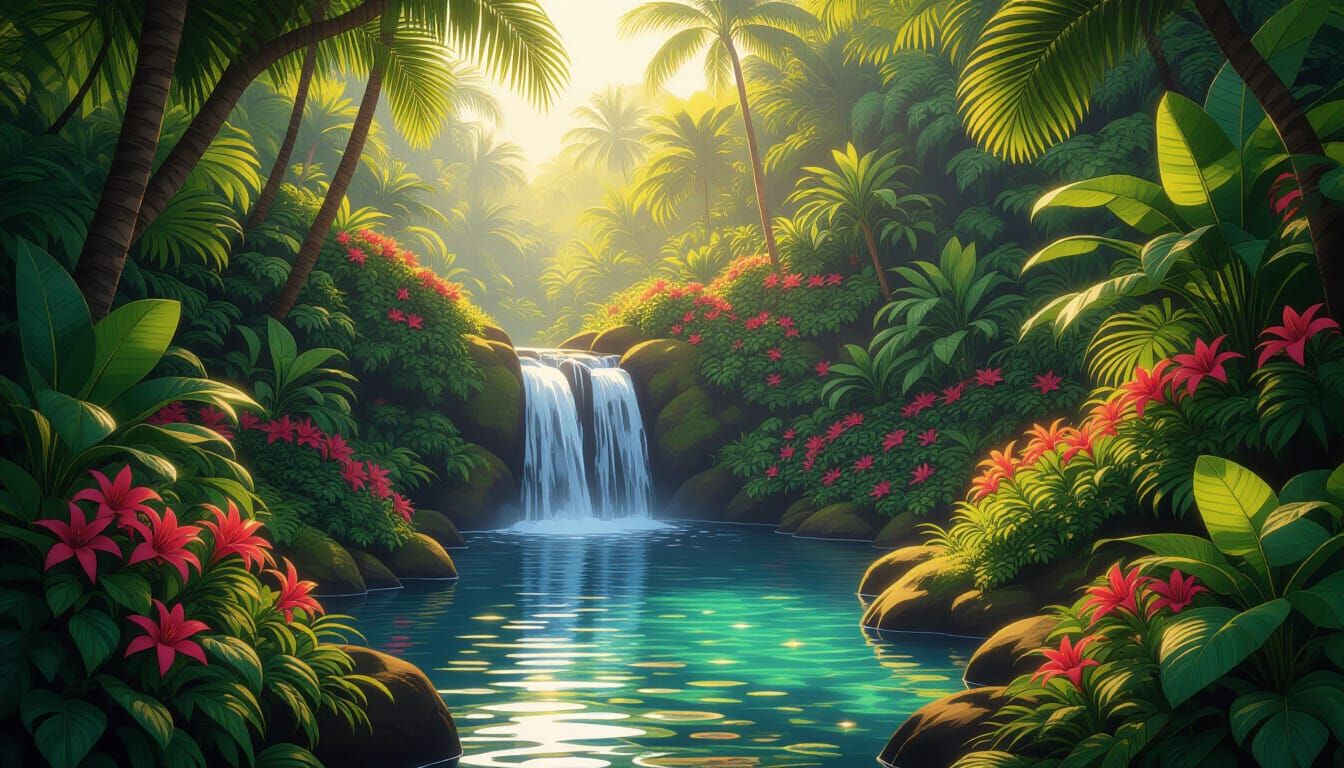 Enchanted Jungle Yard with Hidden Waterfall in Golden Hour