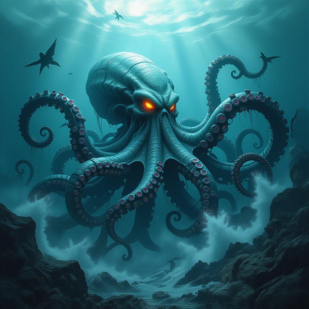 Biomechanical Kraken Emerges from the Deep in Dark Futurism