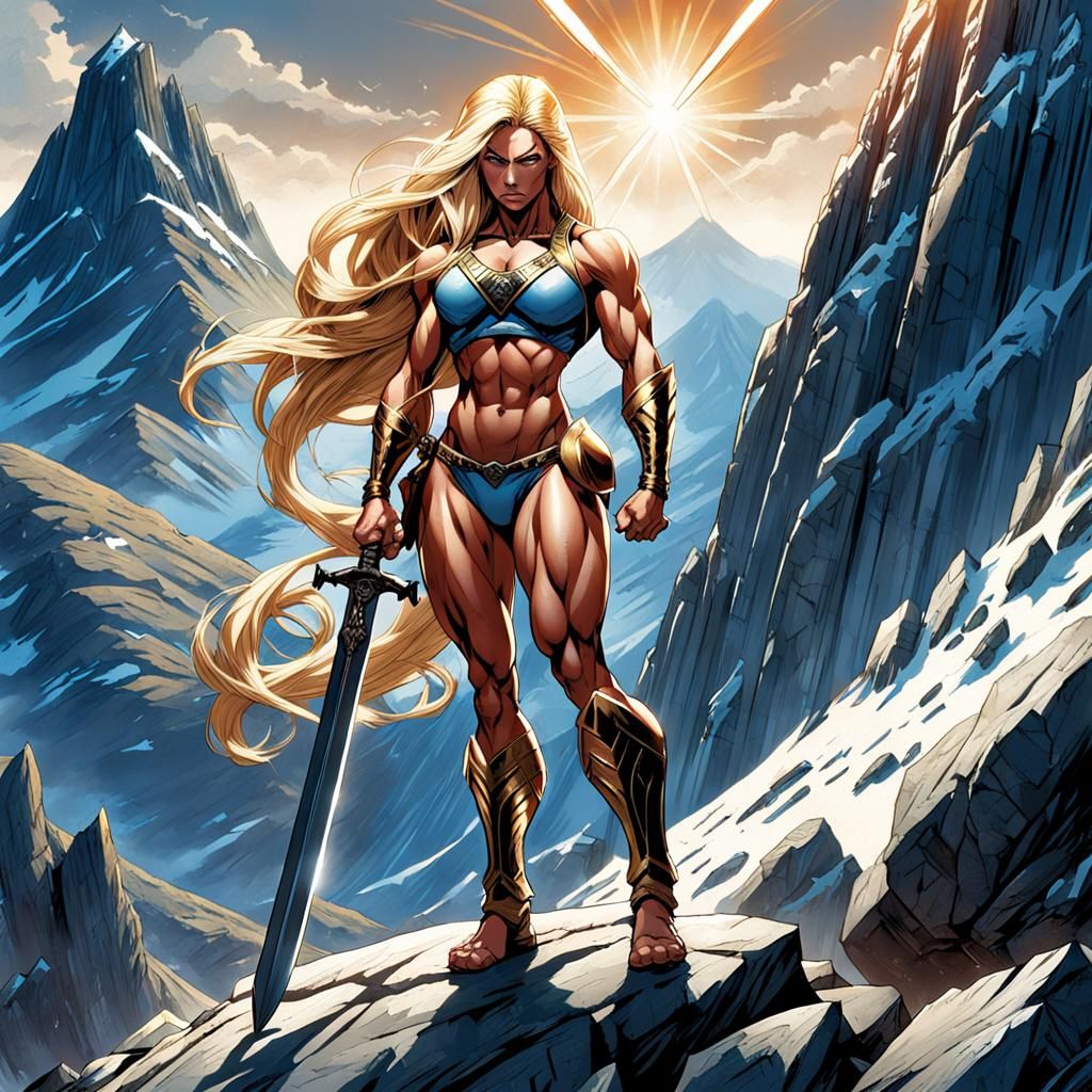 Blonde Warrior Queen Ready for Battle, Comic Book Art