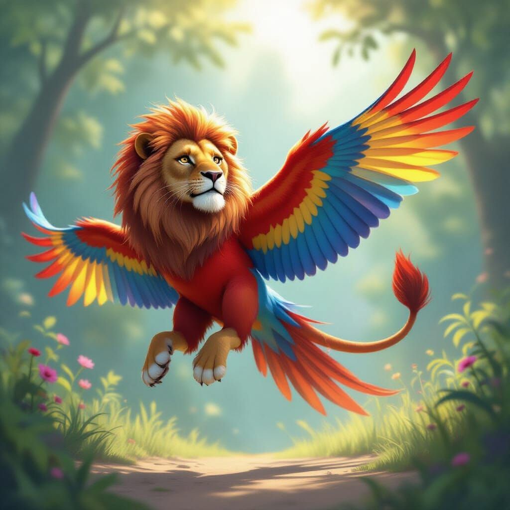 Majestic Lion-Parrot Hybrid in Flight
