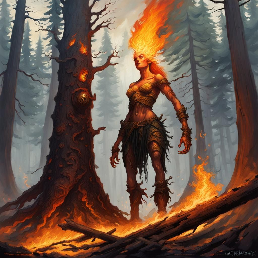 Towering Fire Giantess in Burning Forest