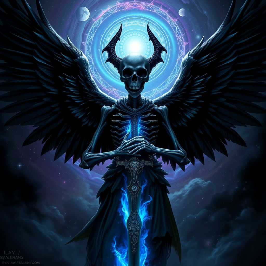 Skull Angel with Black Wings and Galaxy Background