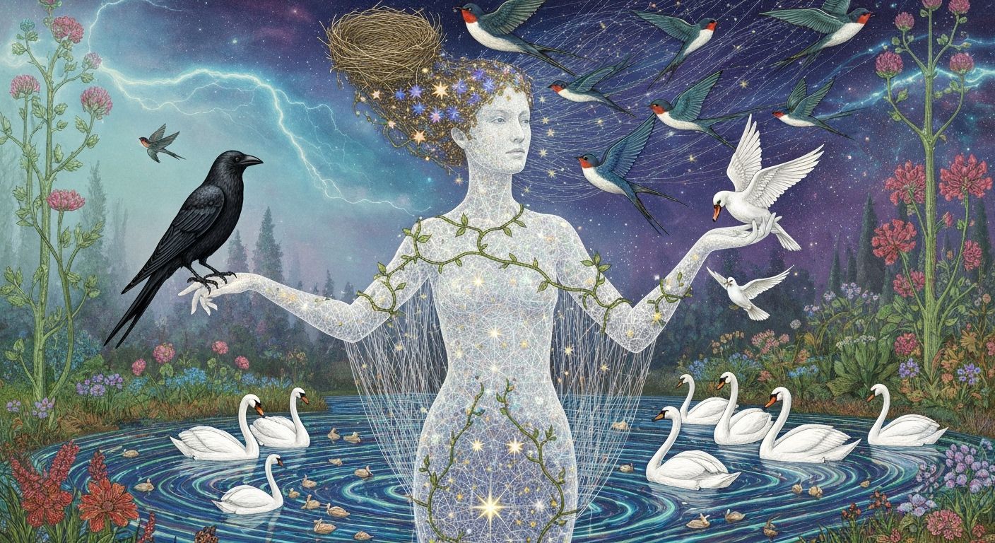 Ethereal Woman Dissolving into Birds Amidst Cosmic Energy
