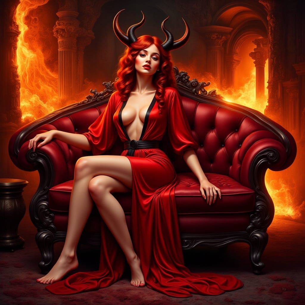 Surreal Red-Haired Demon Basks in Fiery, Dreamlike Glow