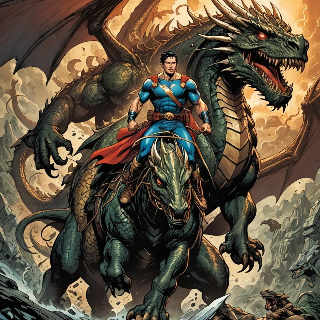 Wonderman Rides a Dragon in Comic Art Style