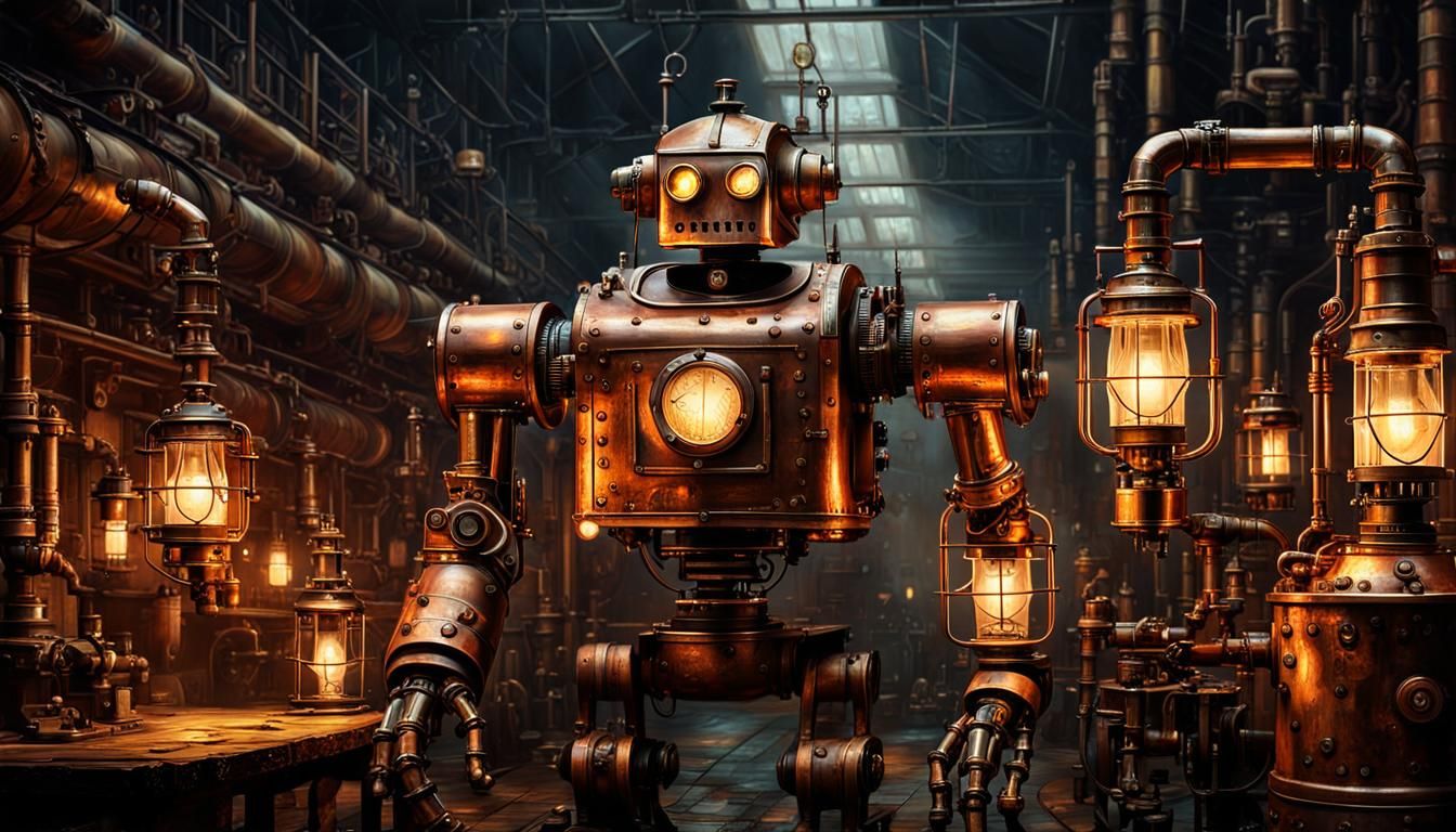 Steampunk Robot in Victorian Factory: Oil Painting