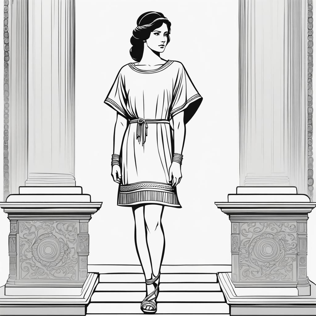 simple full-body line drawing a young roman woman in a (mini-tunic:1.6) and sandals