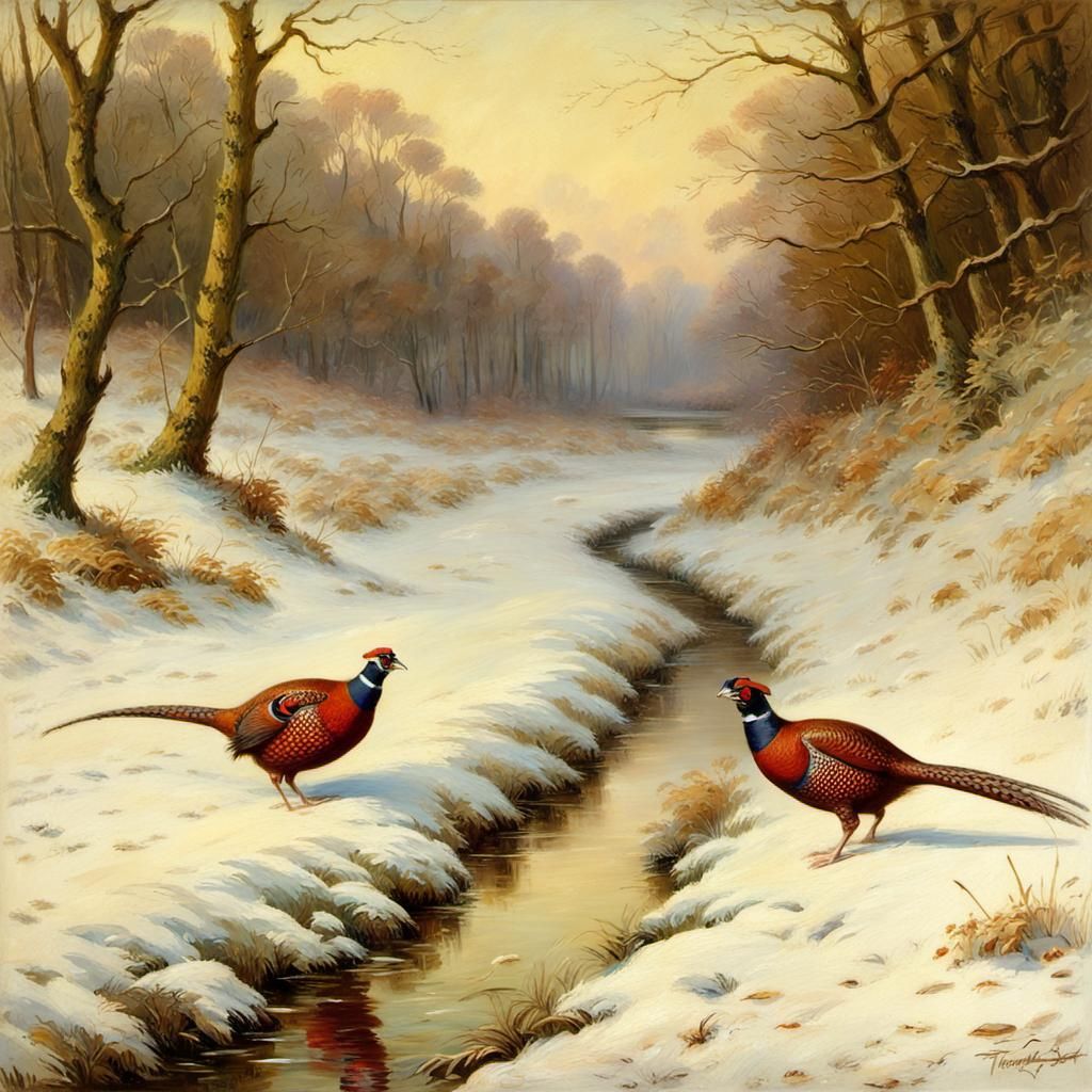 Pheasants in Winter Forest as Impasto Painting