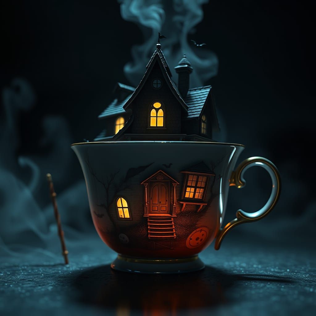 Haunted Teacup: Spooky House in Matte Painting Style