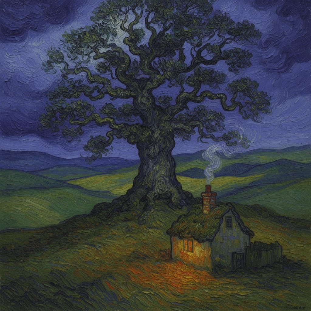 Ancient Oak on Windswept Hill with Stormy Sky and Cottage