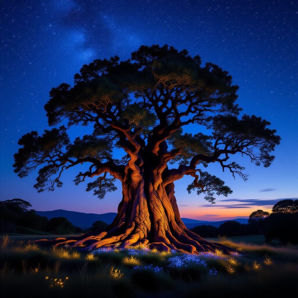 Colossal Ancient Tree Under Starry Twilight Sky