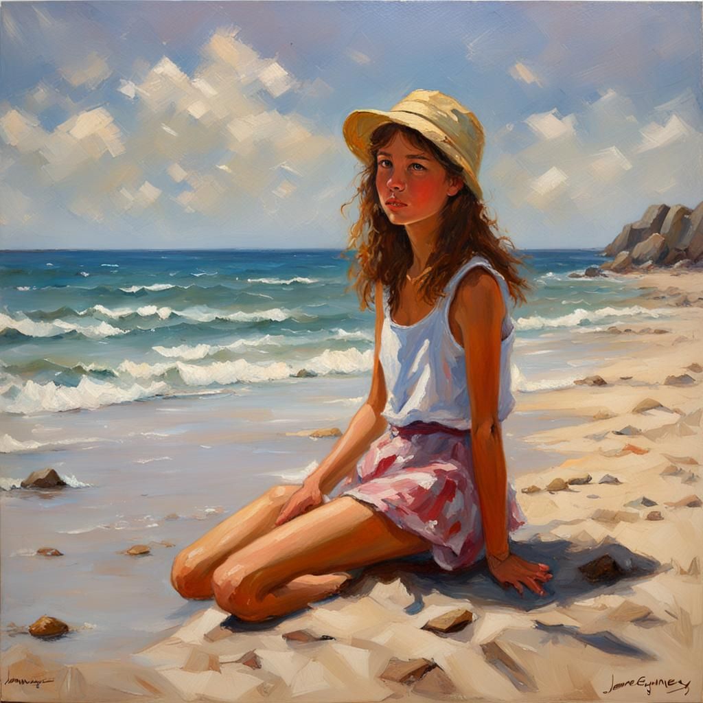 Teen Girl on Beach in Gurney Style
