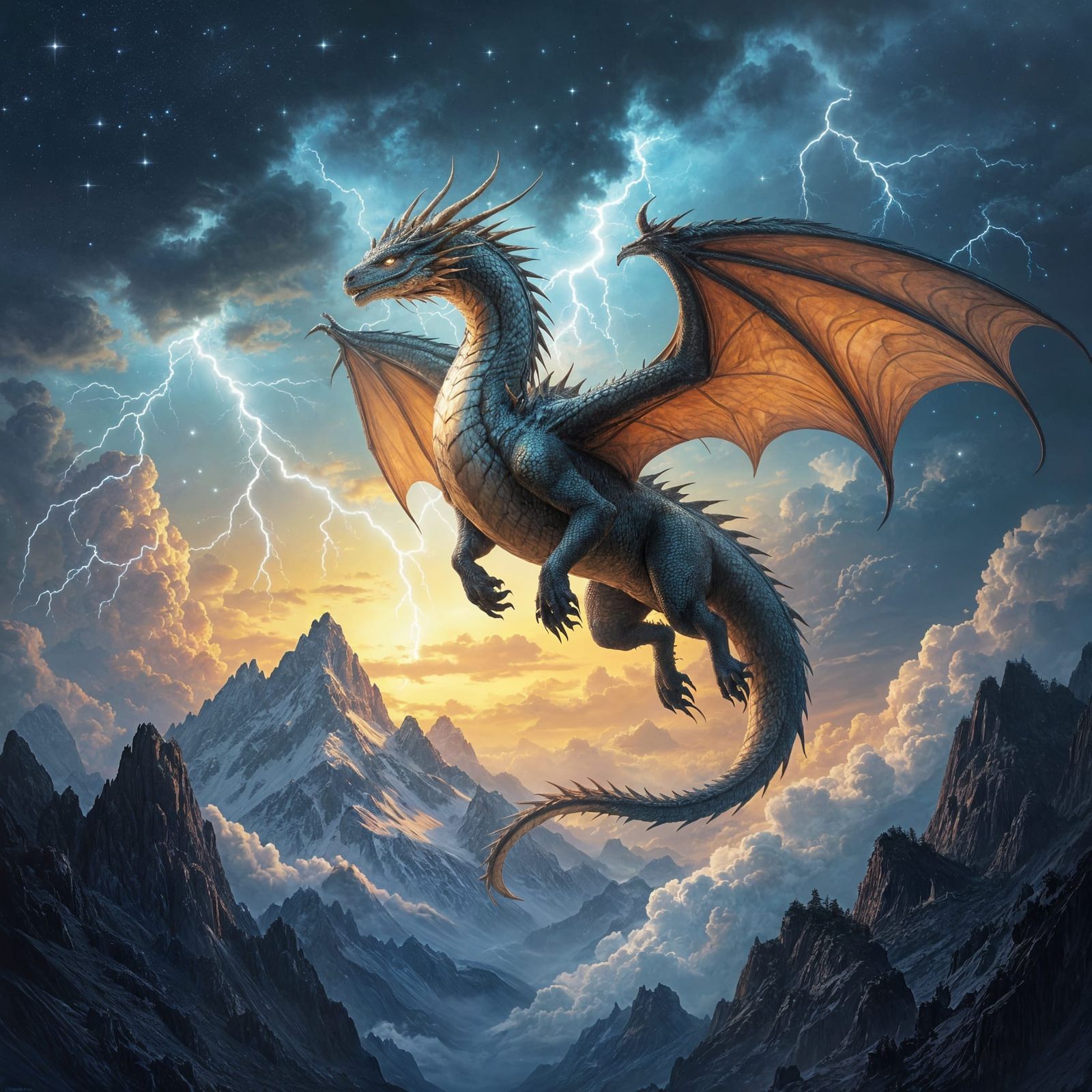 Majestic Dragon Soaring Through Stormy Starry Sky