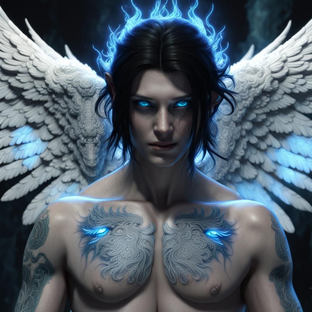 Demonic Angel with Bioluminescent Halo, Digital Art