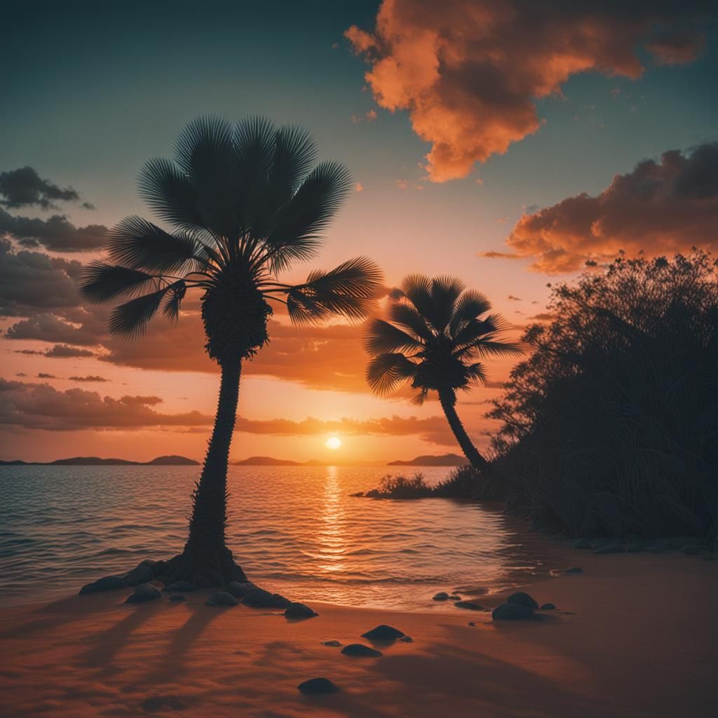 Desert Island Sunset in Cinematic Style