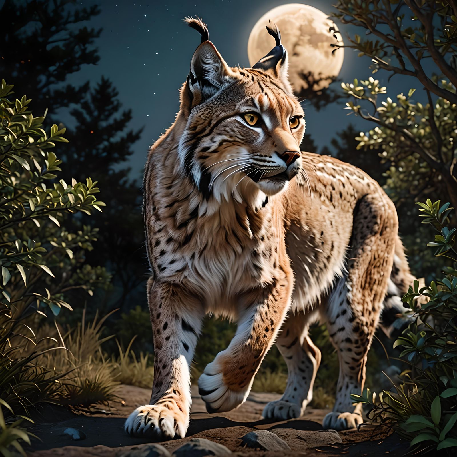 Epic Lynx Runs in Bioluminescent Moonlight