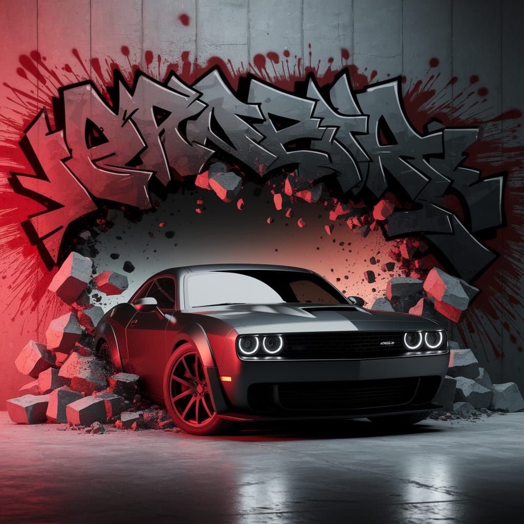 Muscle Car Bursts Through Graffiti Wall in Hyperrealism