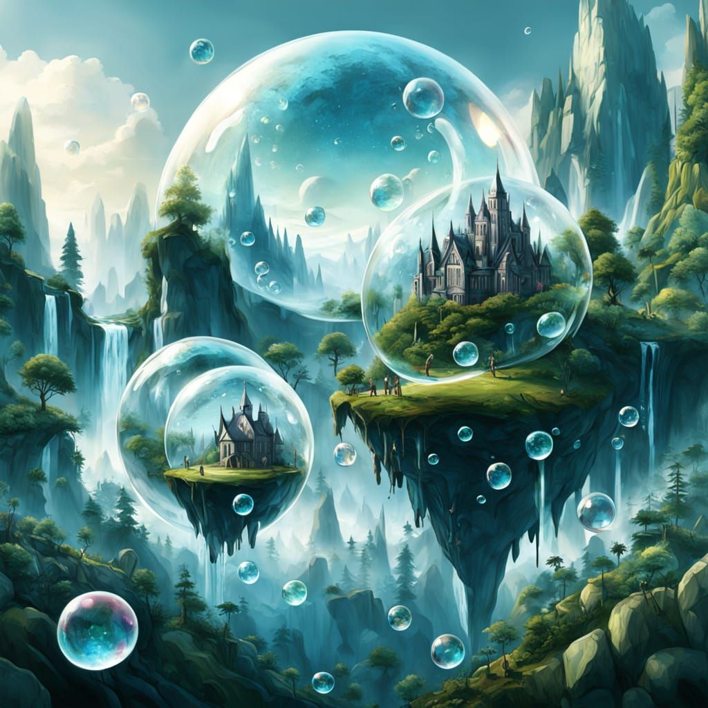 Surreal Landscape with Floating Glass Bubble Worlds