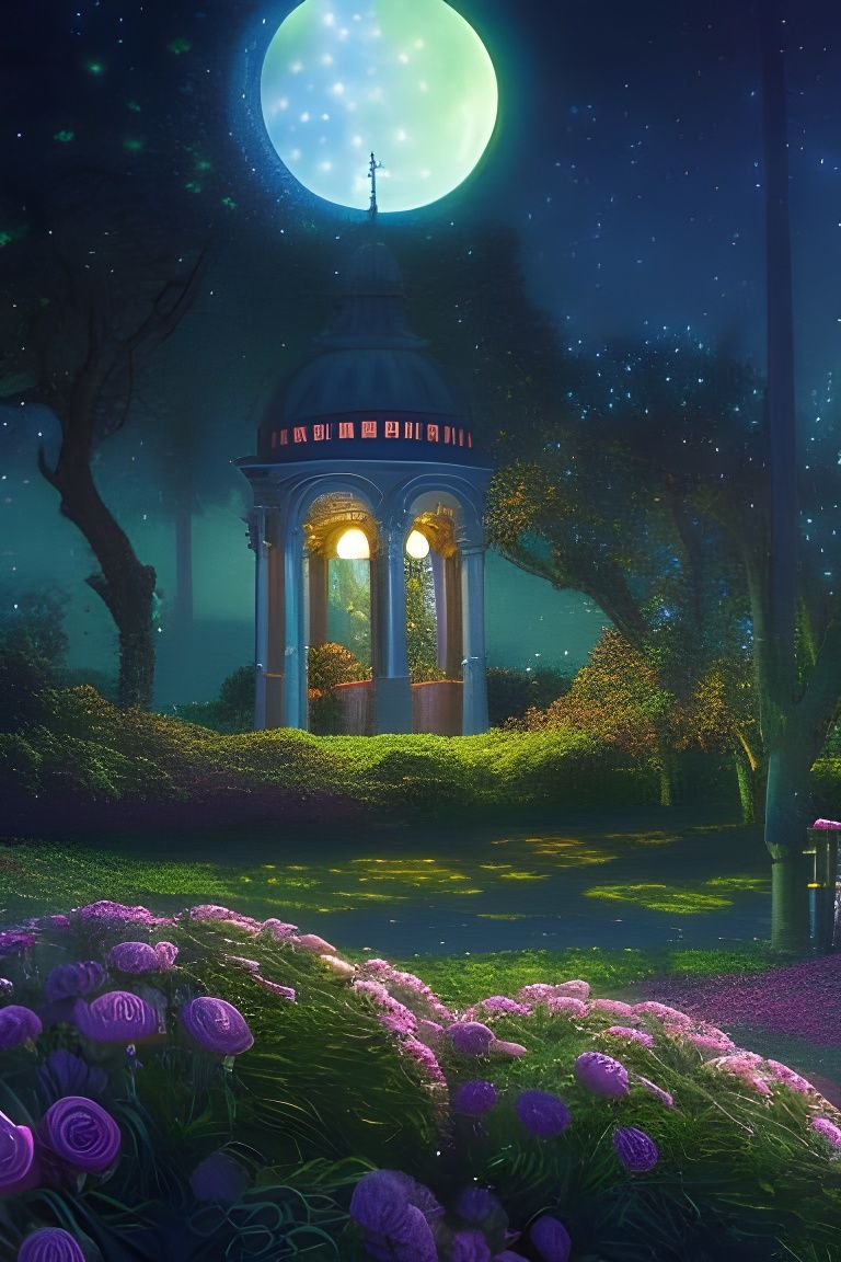Cyberpunk Rose Gazebo under Twinkling Stars