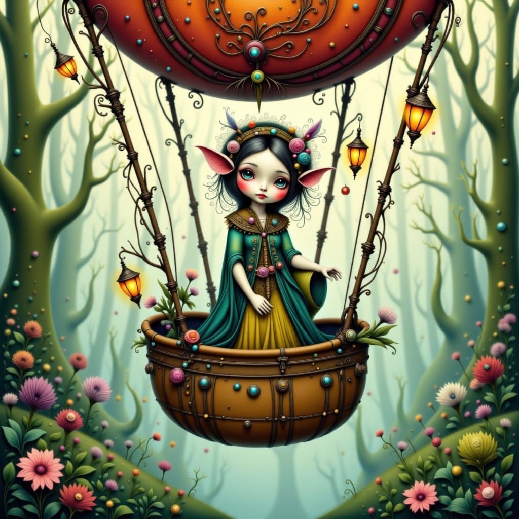 Woodland Fae in Hot Air Balloon with Paper Lanterns