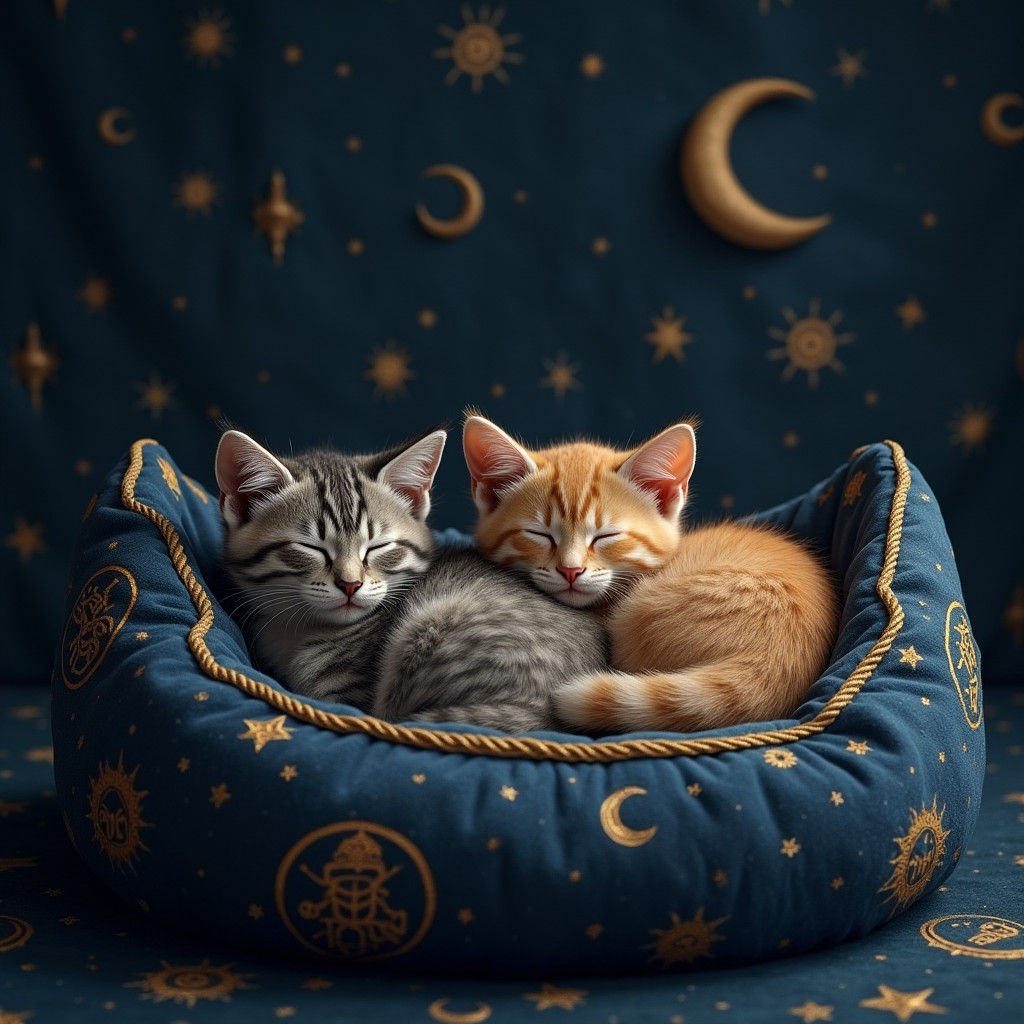 Mystical Cats in Plush Bed: A Fantasy Scene