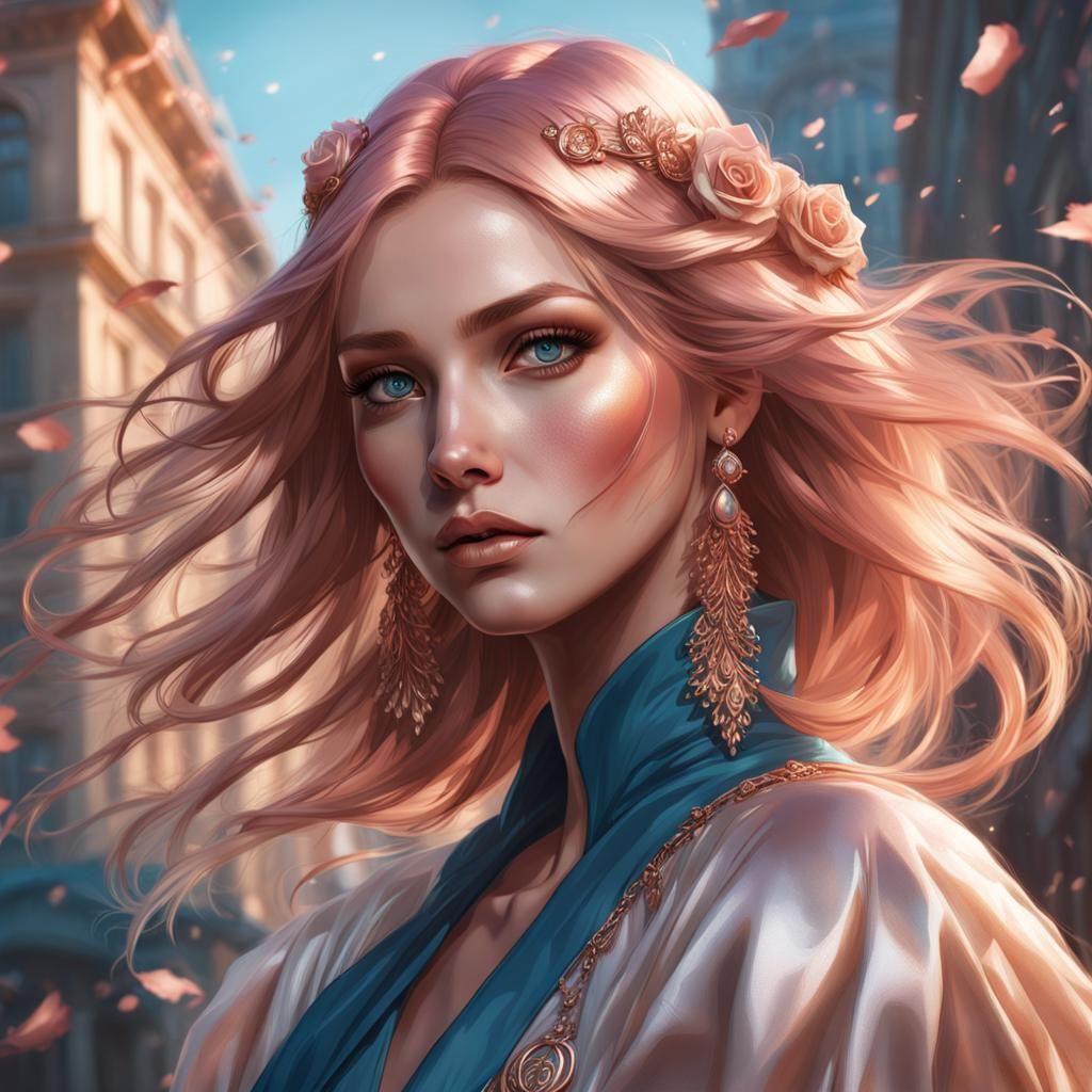 Rose Gold Haired Girl Portrait in Hyperdetailed Style