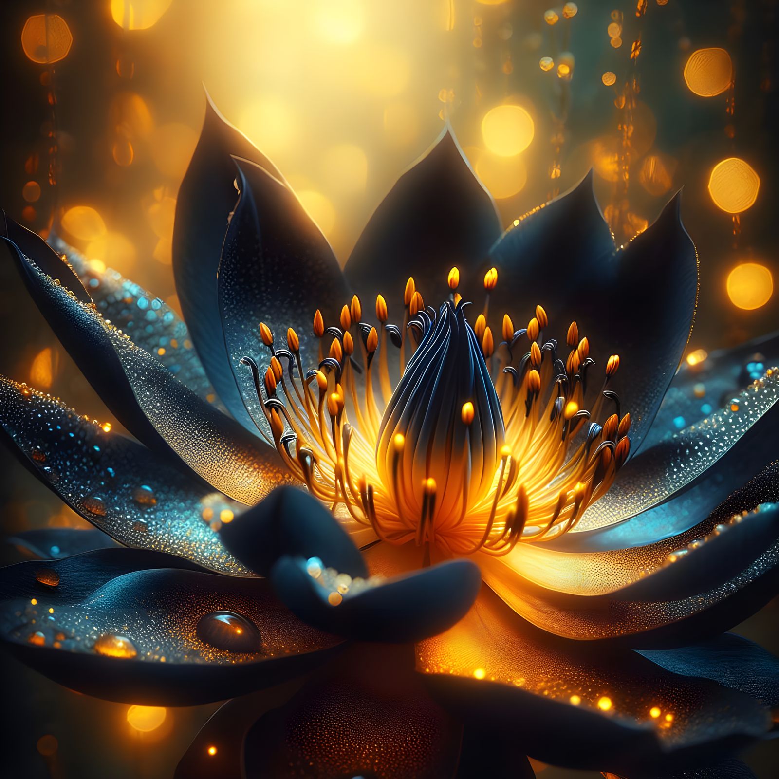 Exotic Dark Flower with Golden Light Macro Photograph