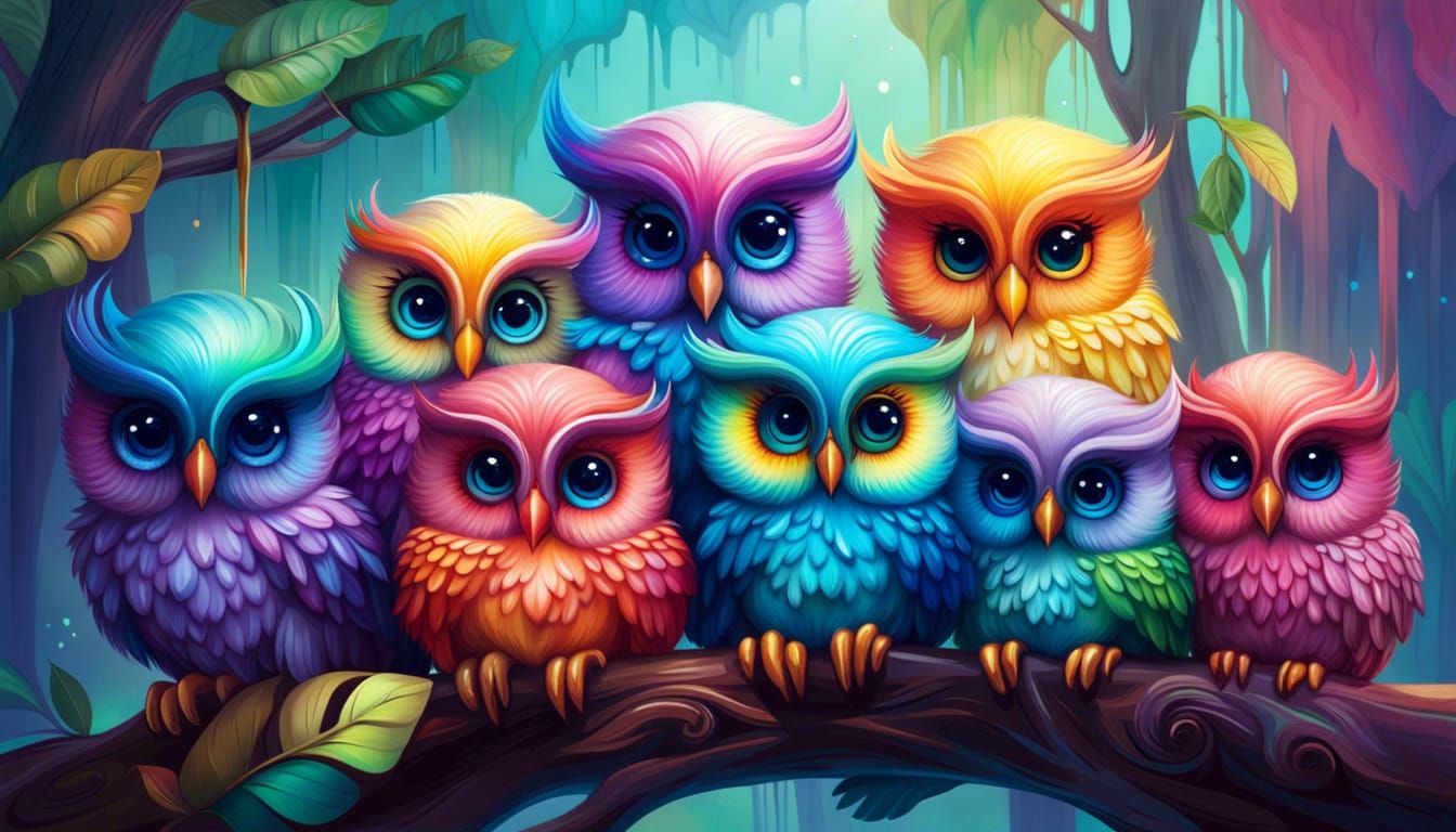 Rainbow Baby Owls on Branch, Oil Painting