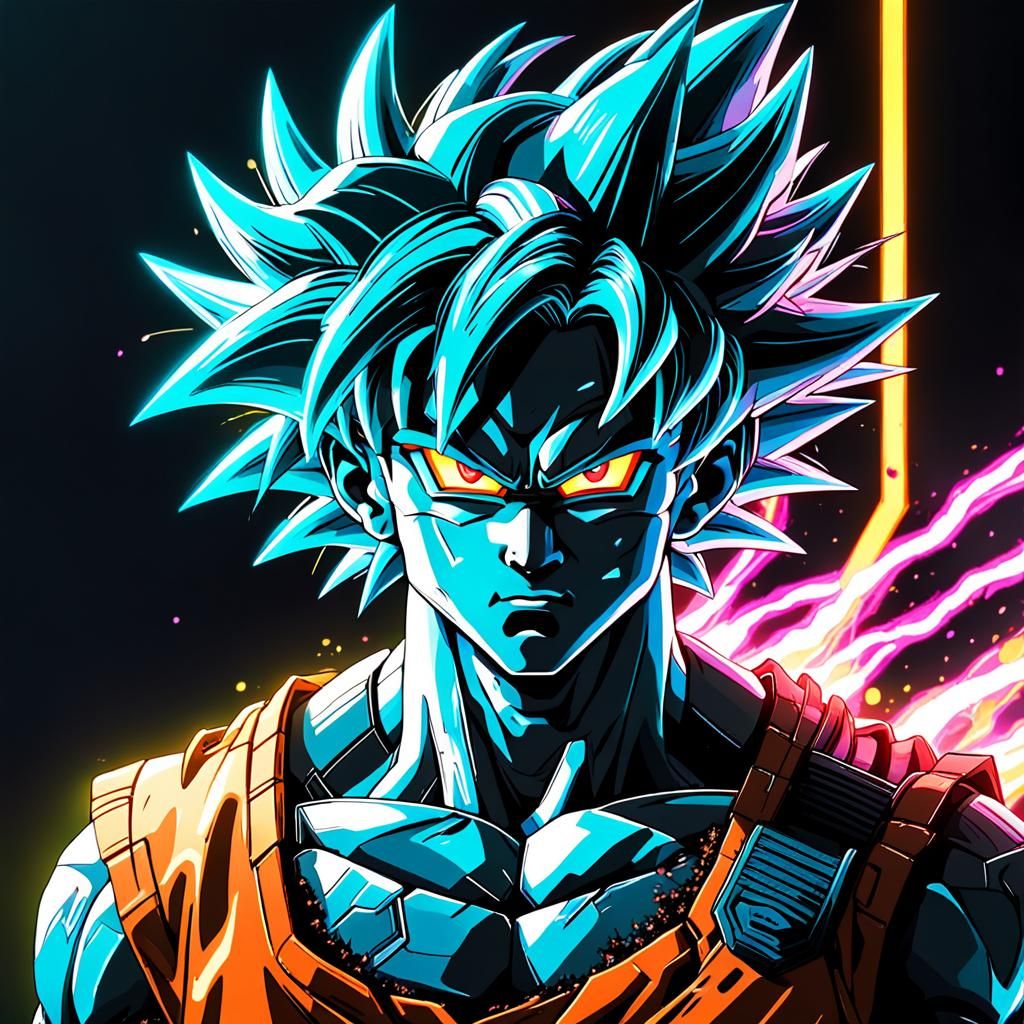 Goku's Cyberpunk Transformation in Manga Style