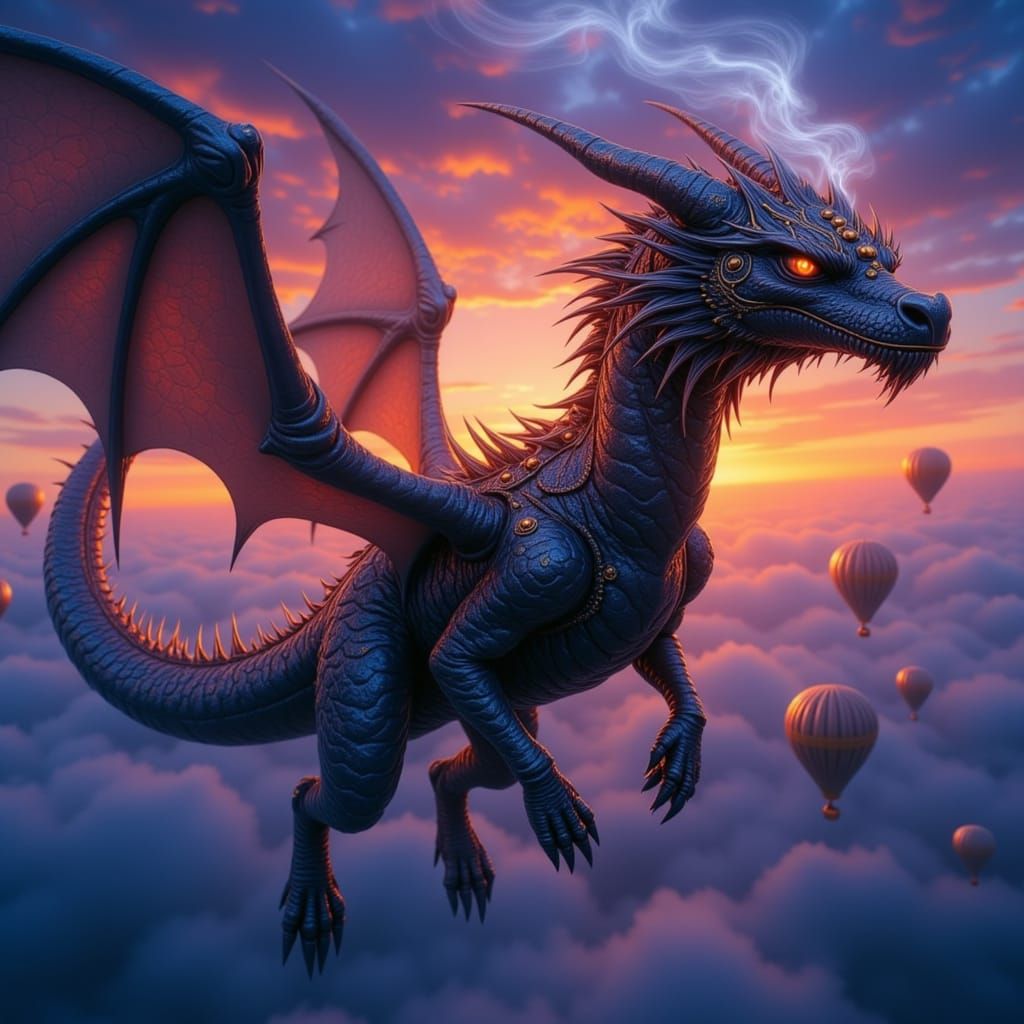 Steampunk Dragon Soars Through Twilight Sky with Zeppelins