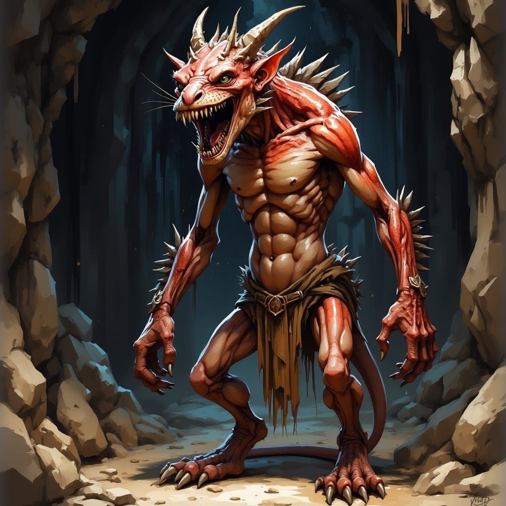 Grotesque Kobold in Dark Cavern: A Surreal Horror Illustrati...