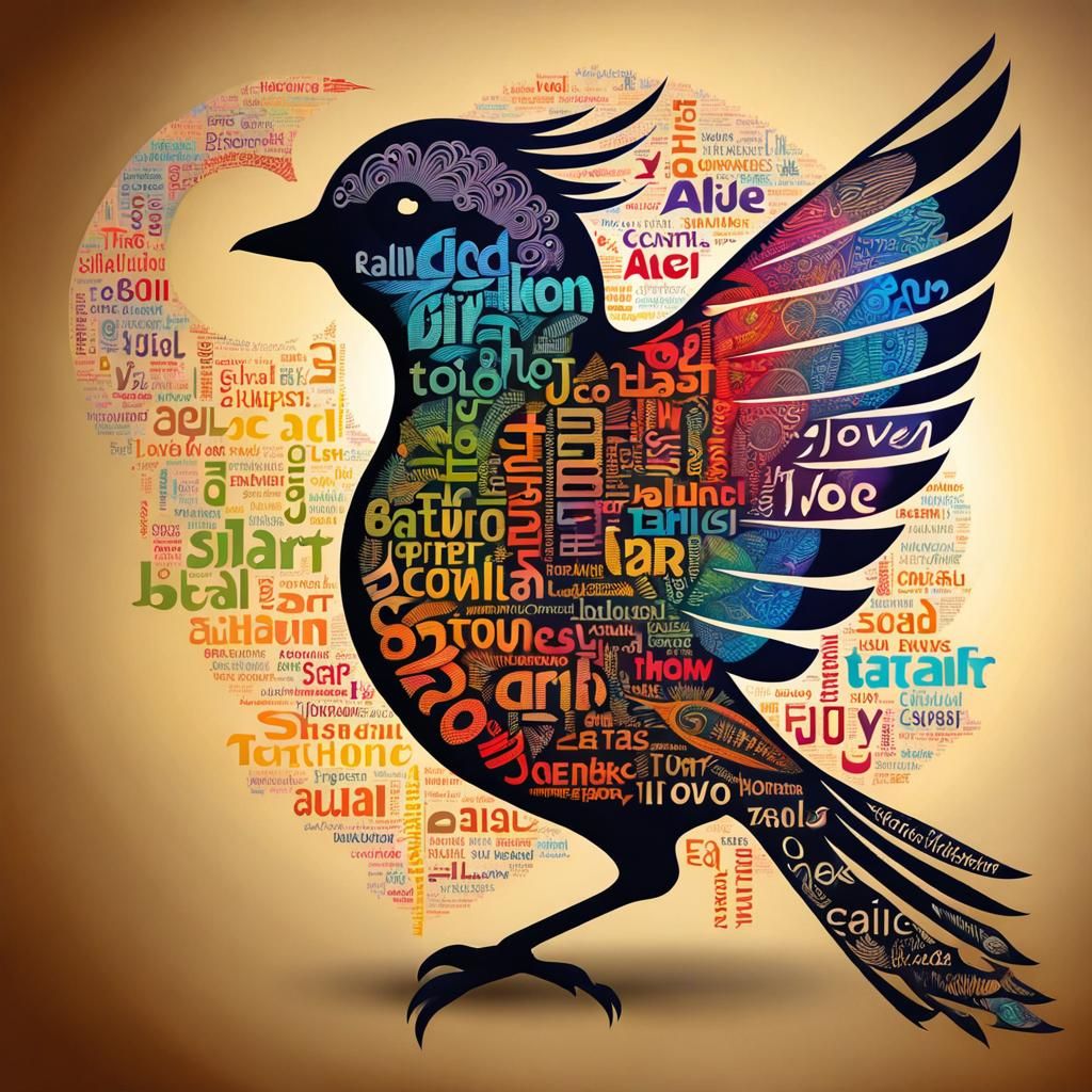 Colorful Bird Word Cloud Tattoo Design