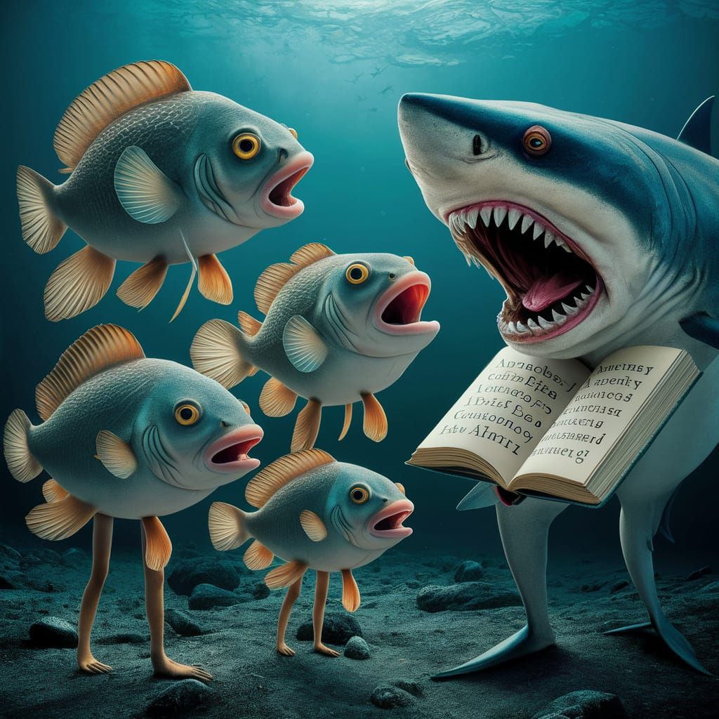 Surreal Deepsea Encounter: Photorealistic Scene of Fishes Le...