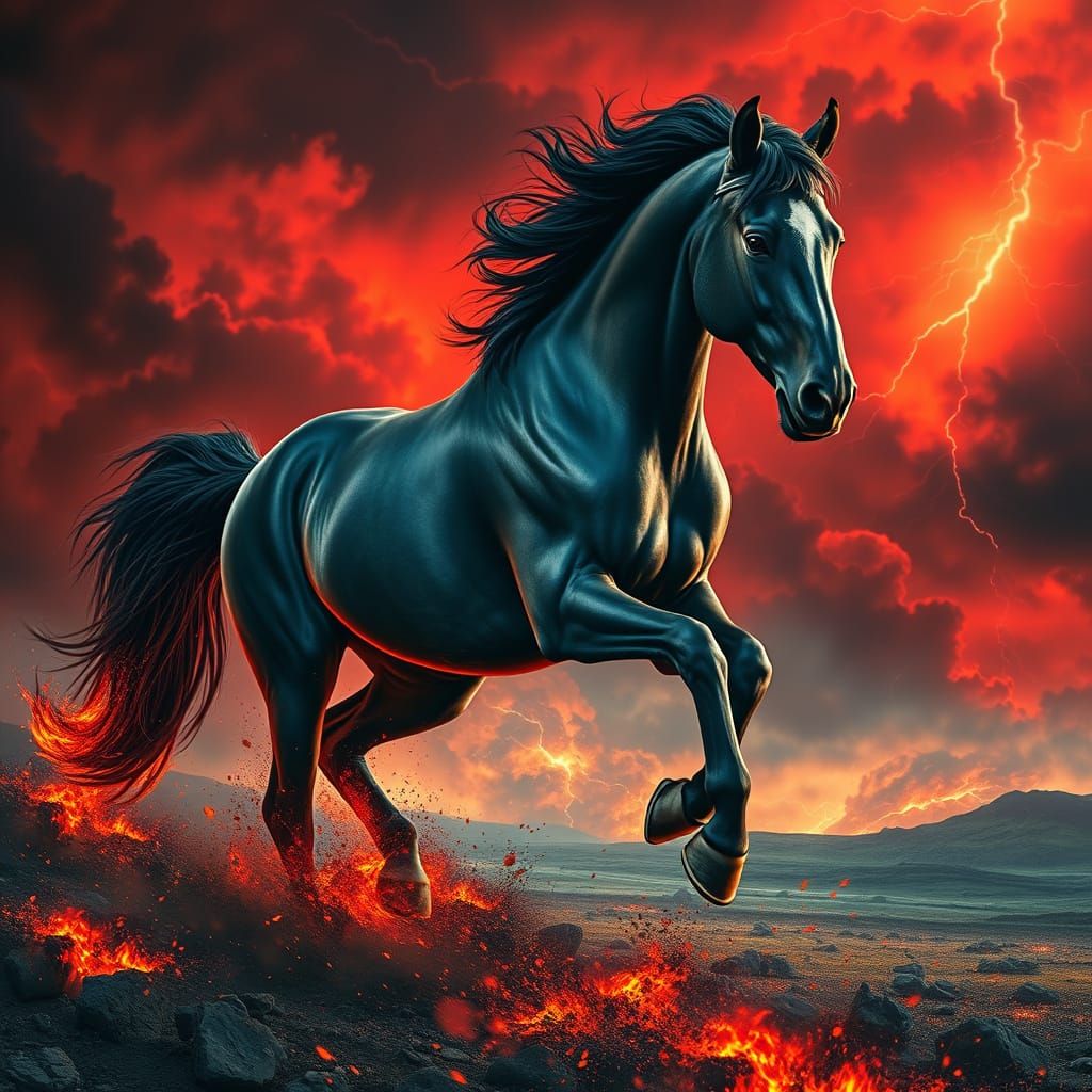 A visually striking dark fantasy portrait of a majestic hors...