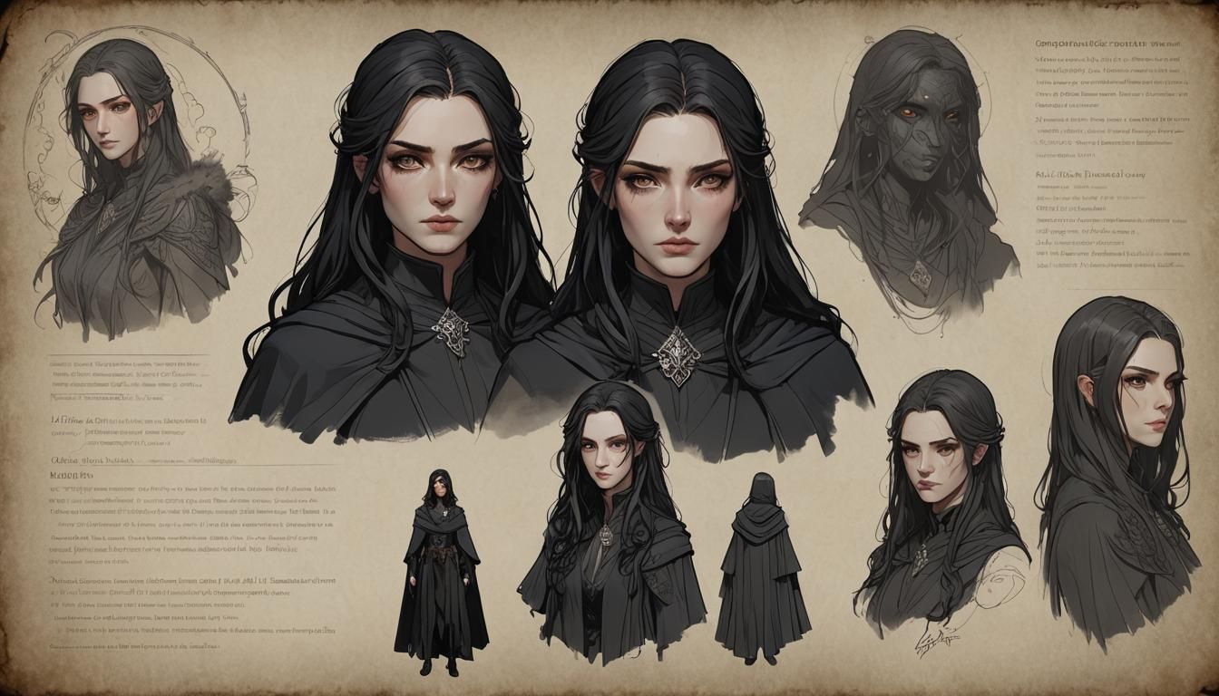 Enigmatic Young Woman Character Reference Sheet