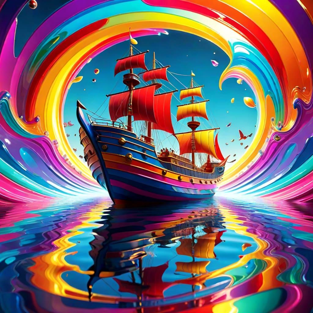 Vividly Colored Ship Reflected in Specular Waves
