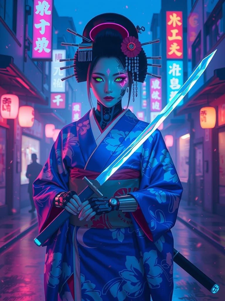 Cyberpunk Geisha with Energy Katana in Neon Cityscape