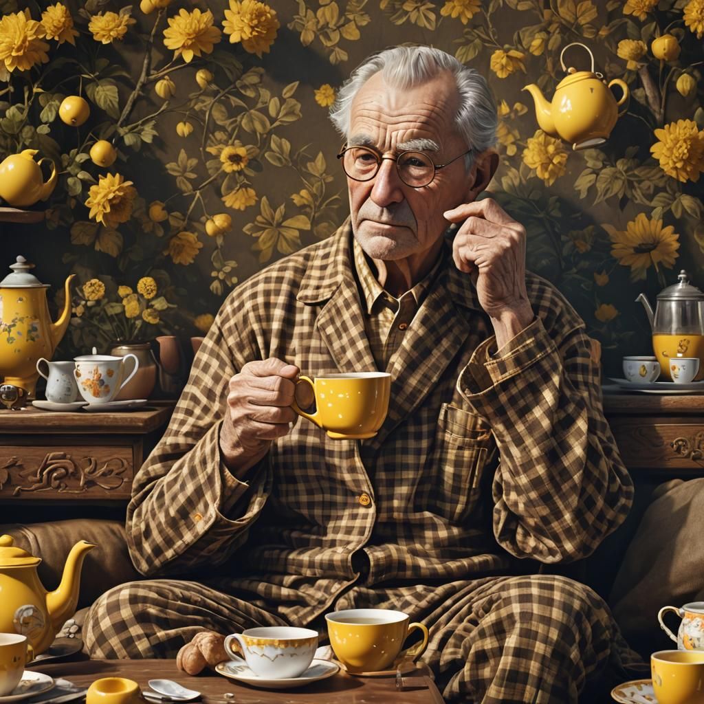 Elderly Man Sipping Tea: Detailed Matte Painting